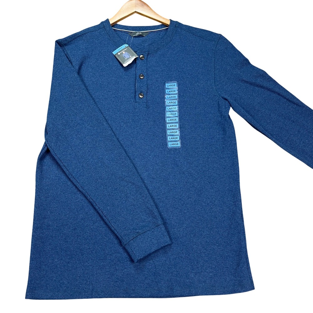 Member's Mark Pullover Mens Large Blue Heathered Thermal Henley NEW